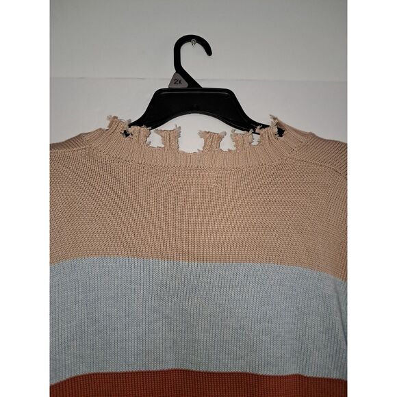 A Peach Love California Junior's Sweater Raggedy Distressed Striped Grungy L - Picture 7 of 11